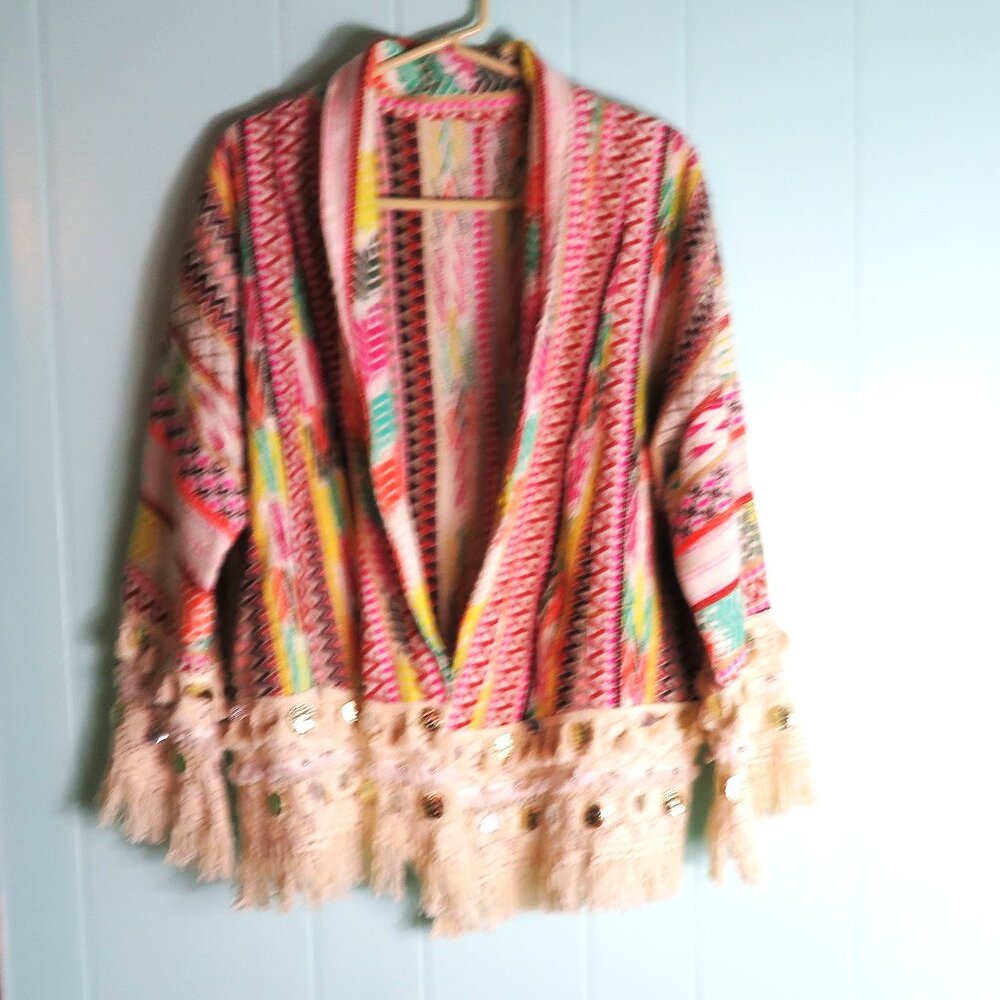 Southwestern Print Jacket Open Front Coat Caftan Sleeves Multi-Colors Size Large